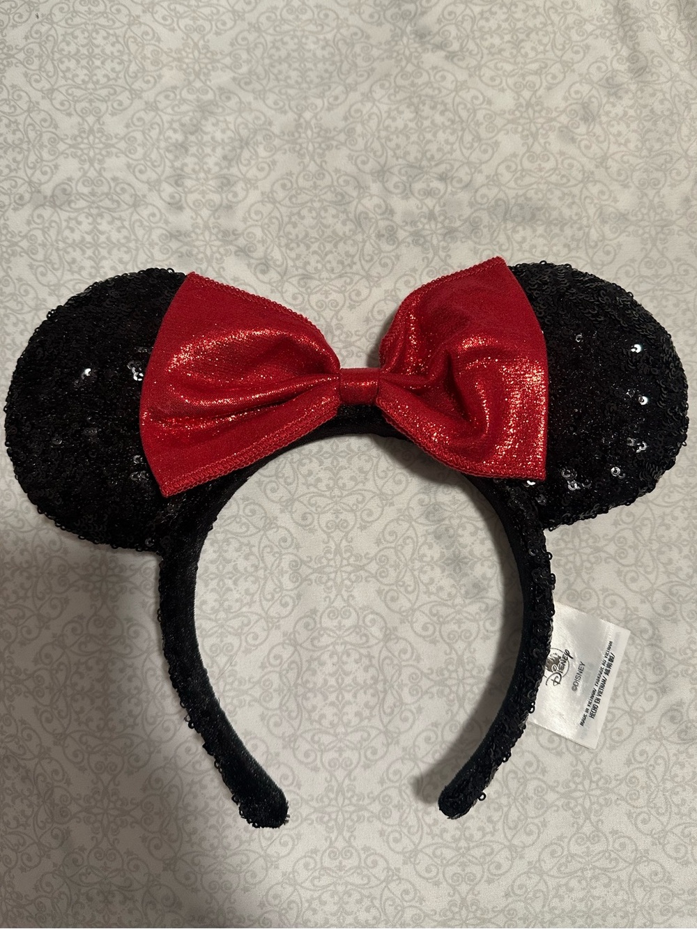 Disney Black Sequin Mouse Ear Headband with Red Bow